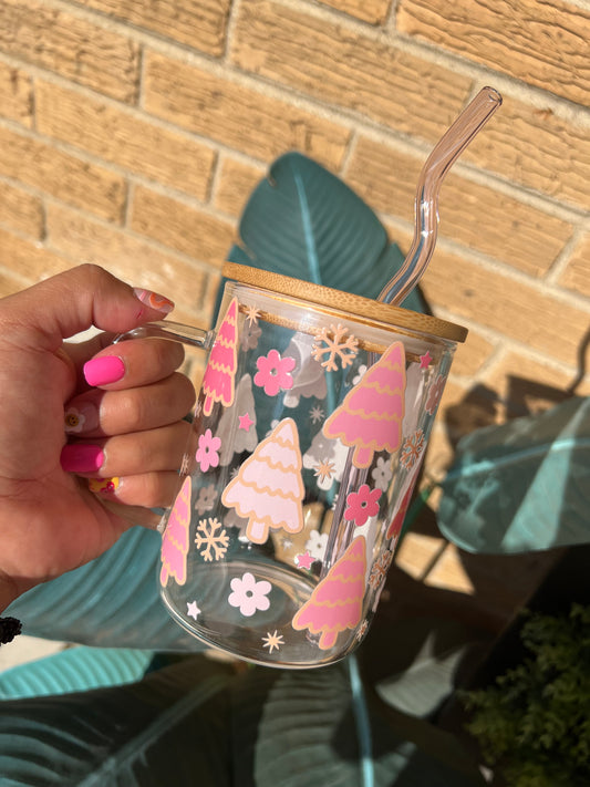 Pink Xmas Trees Glass mug