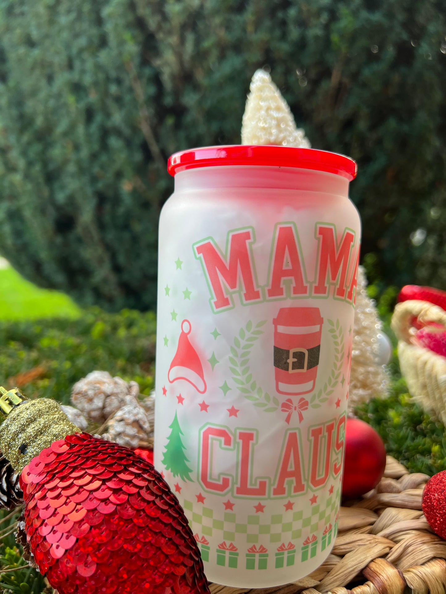 Mama Claus Frosted Glass Can