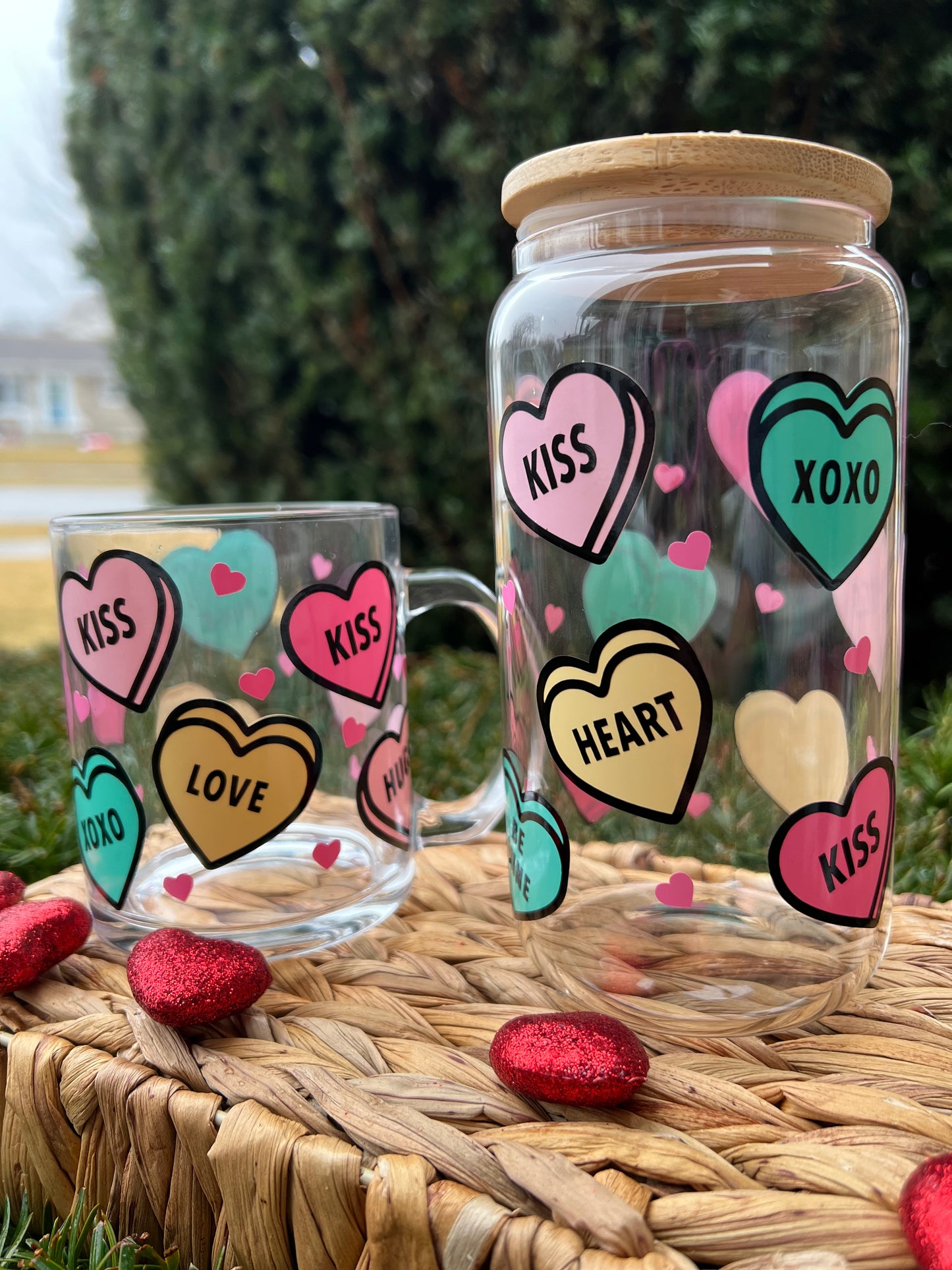 Conversation Hearts Glass Can