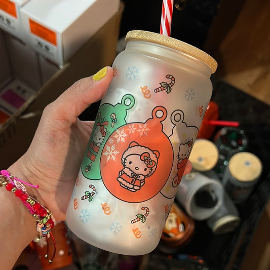 Kitty Christmas Glass Can