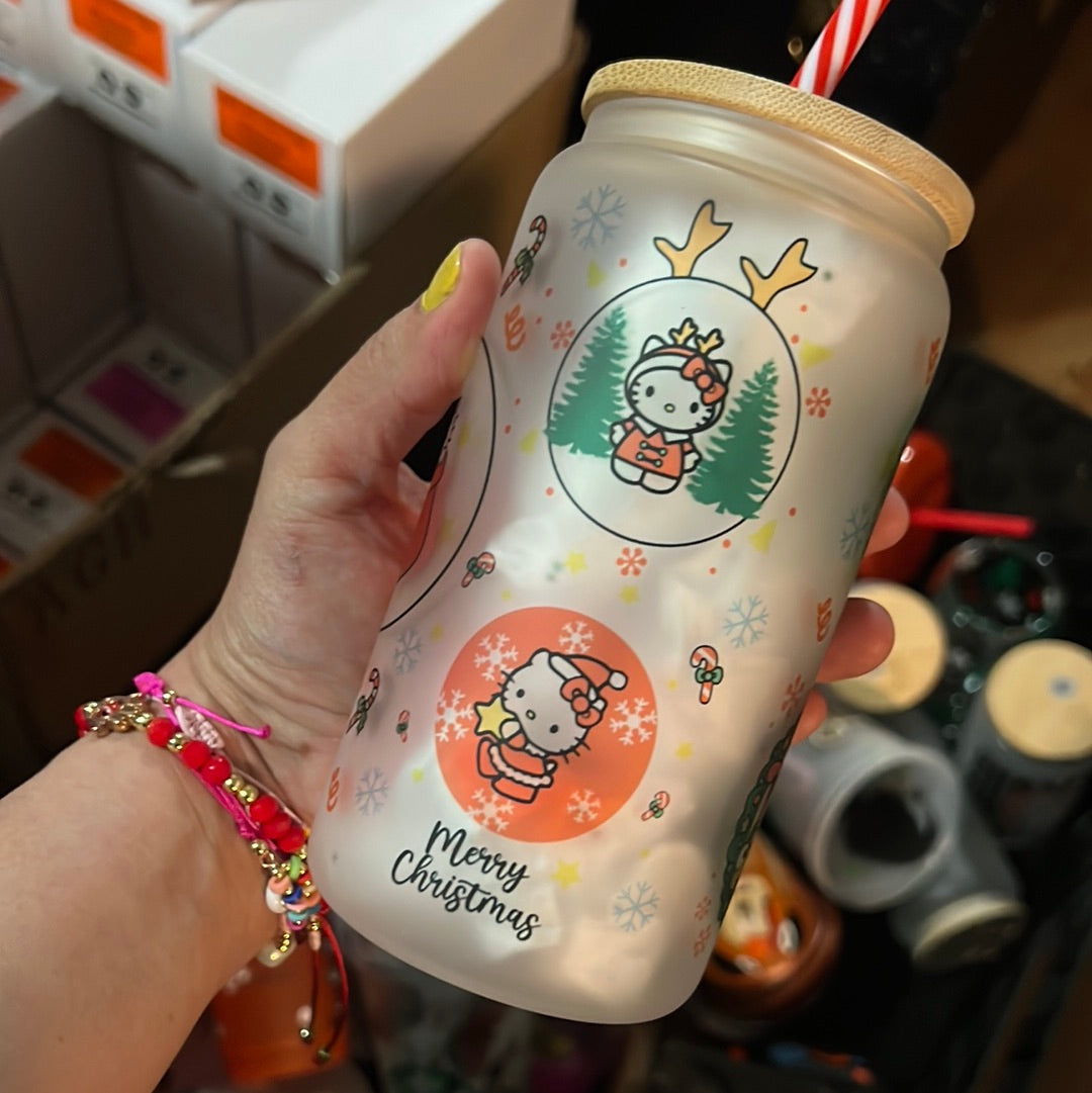 Kitty Christmas Glass Can